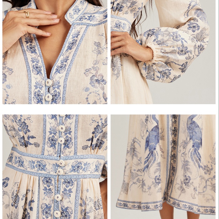 Printing exotic single-breasted long sleeve dress