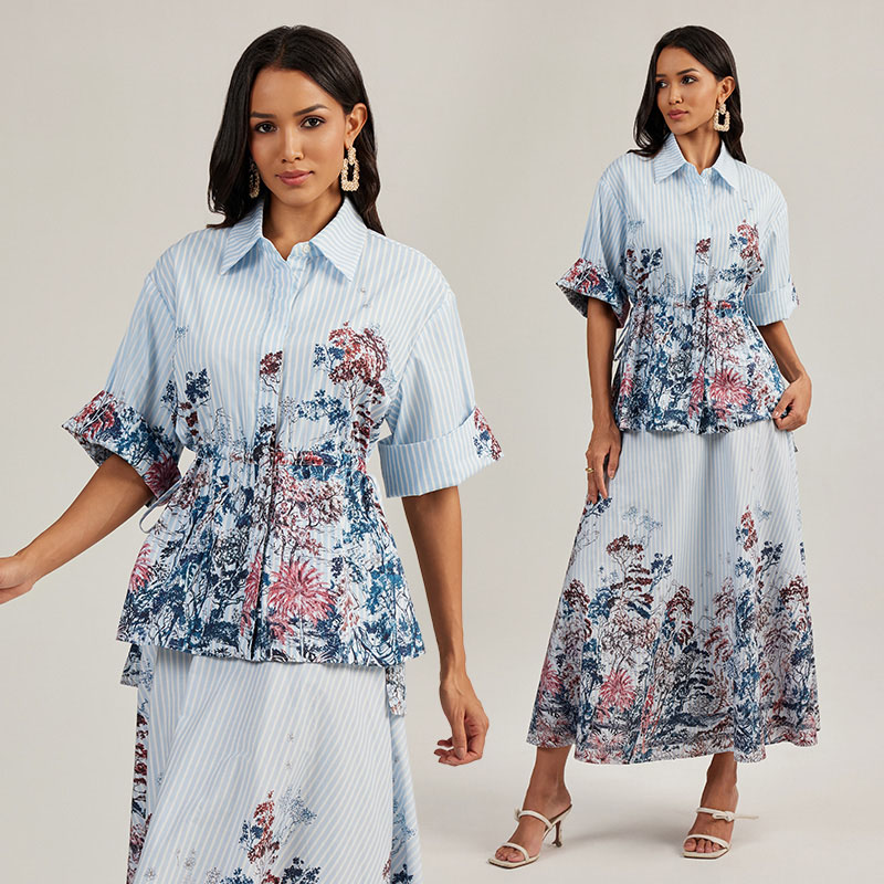 Court style long skirt dovetail shirt 2pcs set