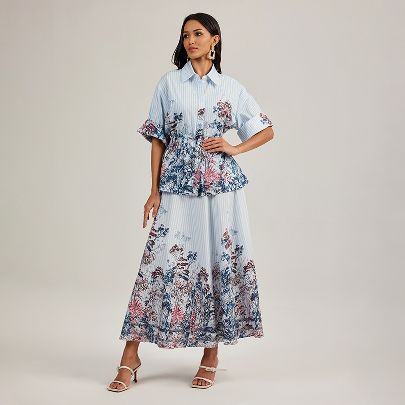 Court style long skirt dovetail shirt 2pcs set