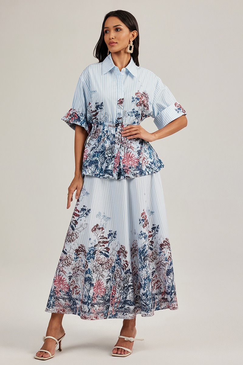 Court style long skirt dovetail shirt 2pcs set