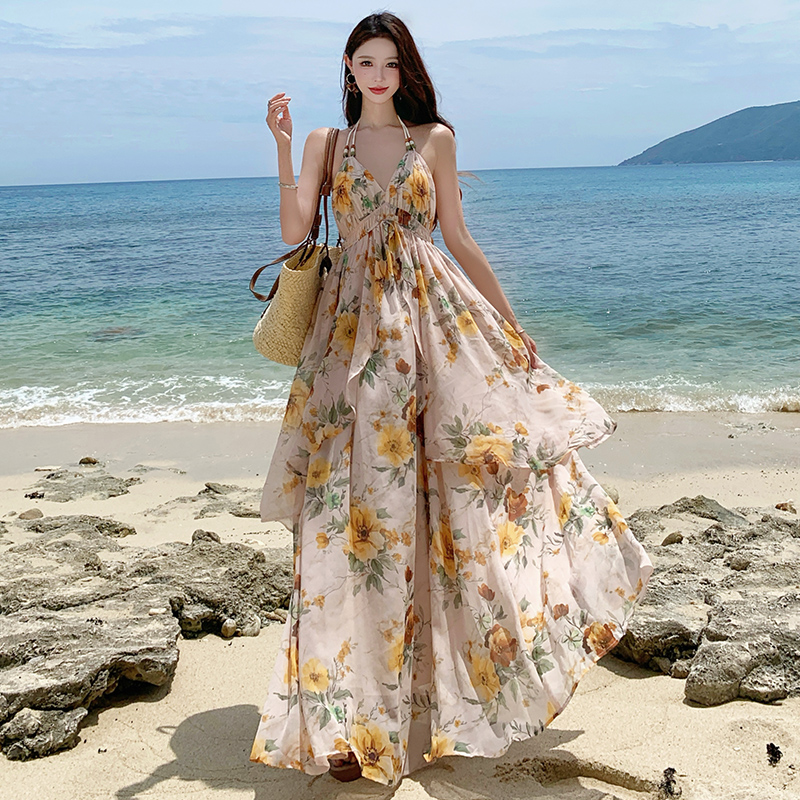 Halter sling long dress seaside vacation dress for women