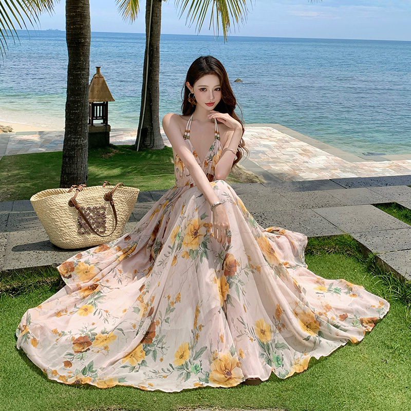 Halter sling long dress seaside vacation dress for women