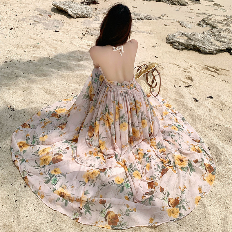 Halter sling long dress seaside vacation dress for women