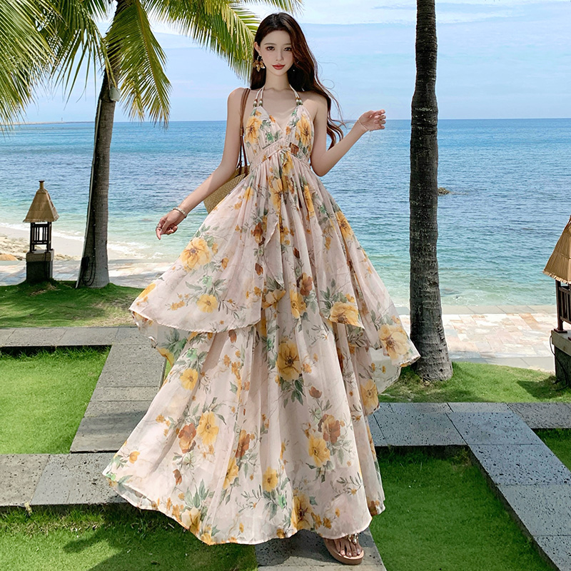 Halter sling long dress seaside vacation dress for women