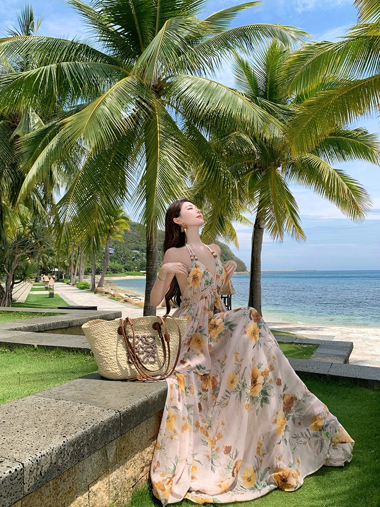 Halter sling long dress seaside vacation dress for women