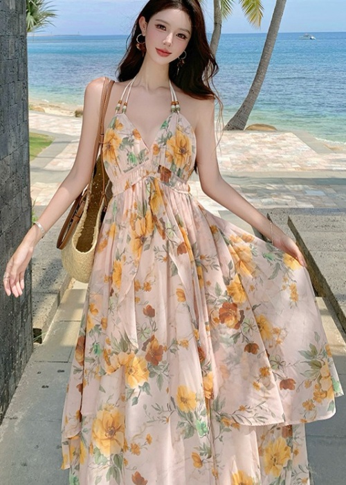 Halter sling long dress seaside vacation dress for women