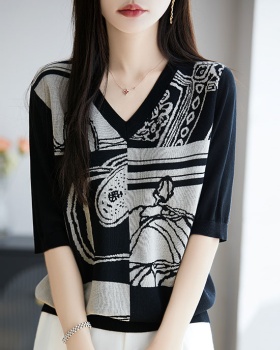 V-neck bottoming mixed colors T-shirt loose ice silk tops