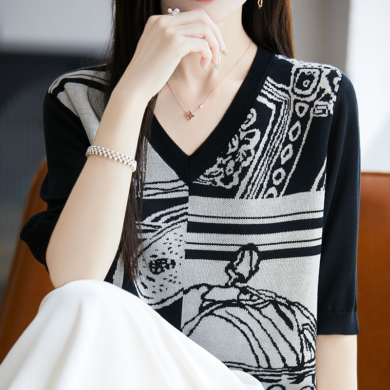 V-neck bottoming mixed colors T-shirt loose ice silk tops