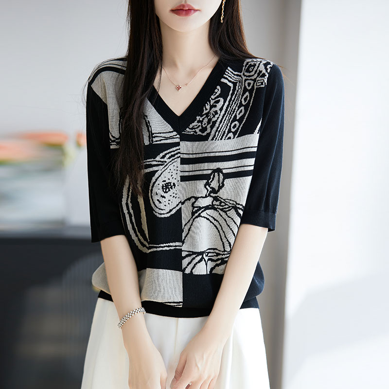 V-neck bottoming mixed colors T-shirt loose ice silk tops