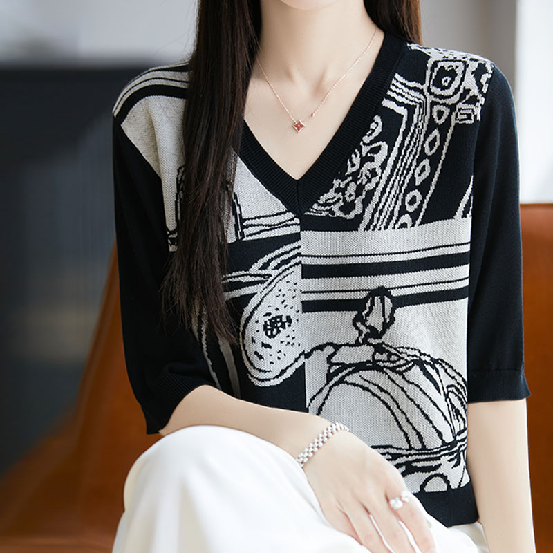 V-neck bottoming mixed colors T-shirt loose ice silk tops