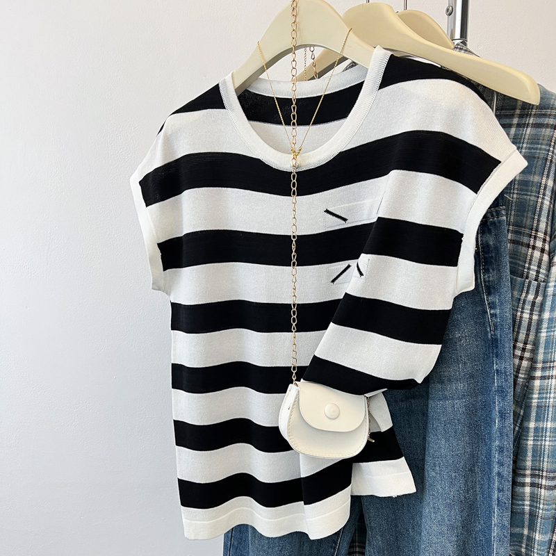 France style slim loose T-shirt stripe summer tops