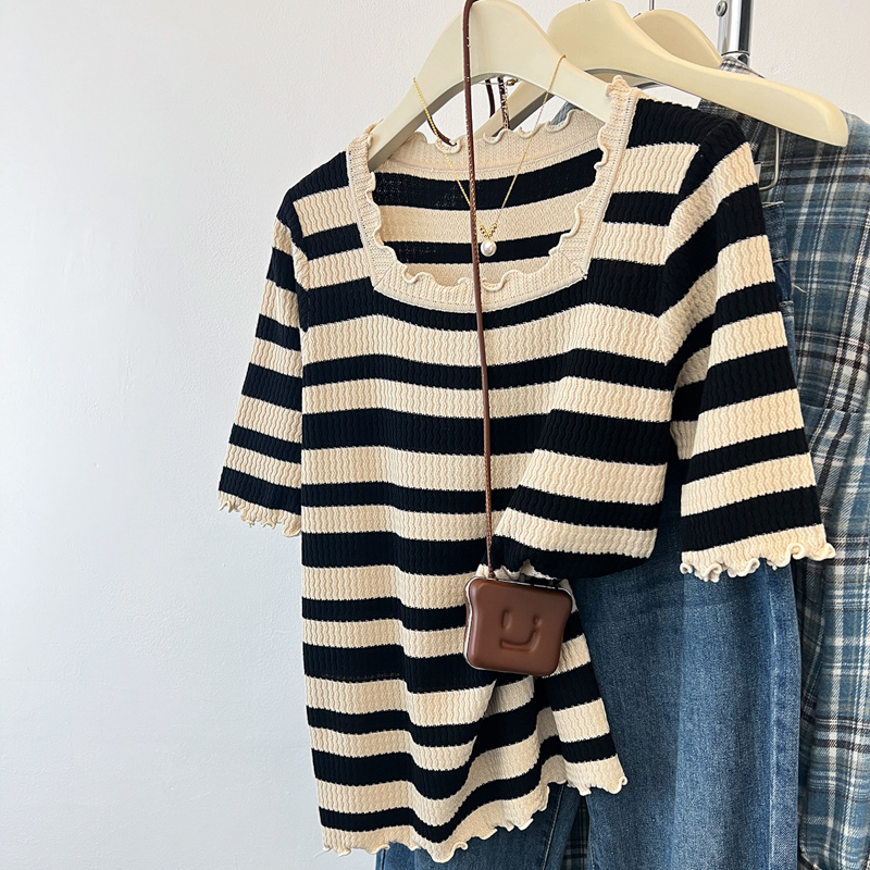 Square collar wood ear tops summer T-shirt for women