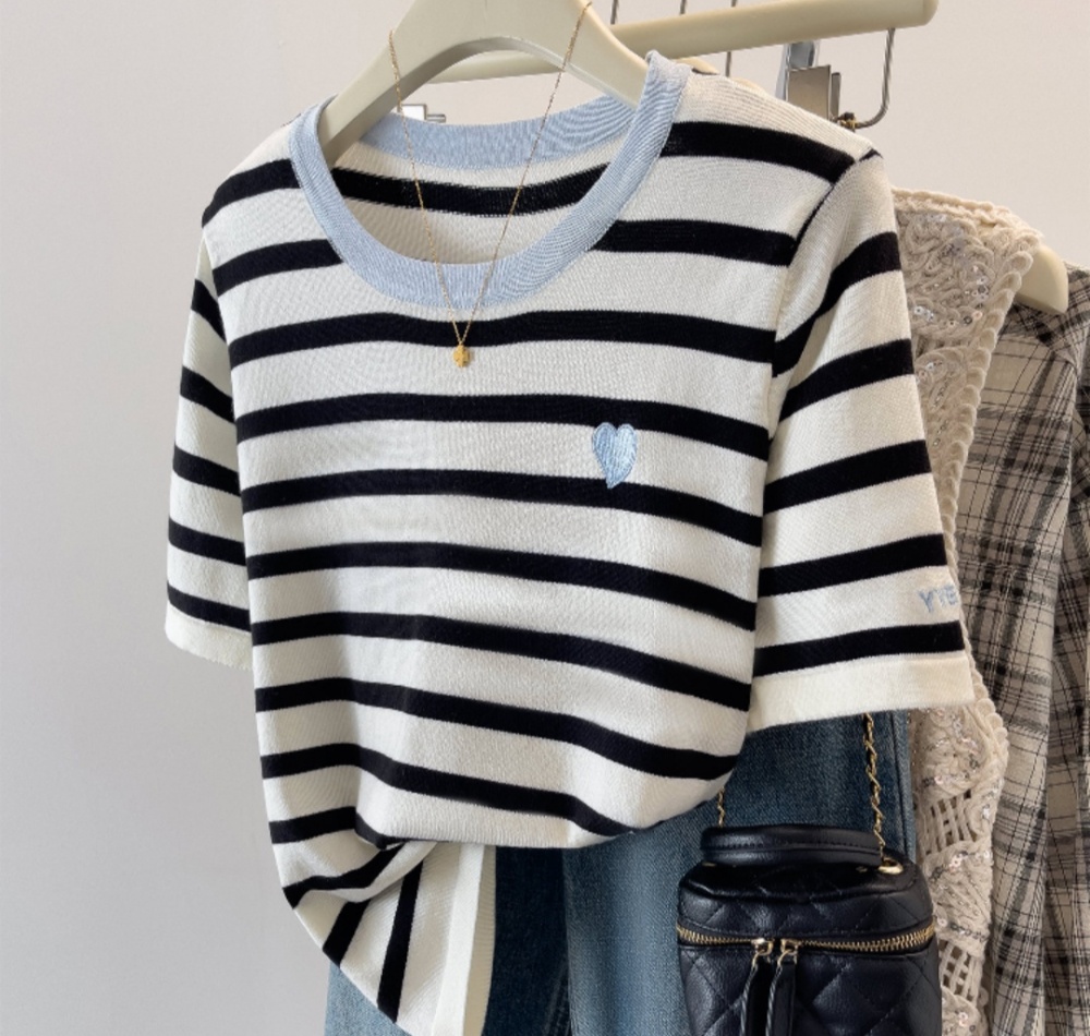 Summer ice silk T-shirt stripe tops for women