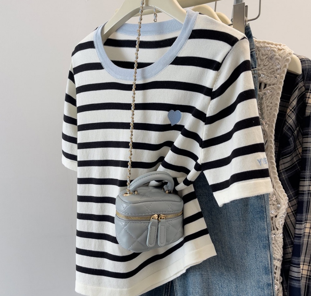 Summer ice silk T-shirt stripe tops for women