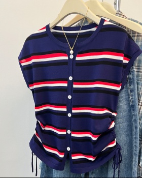 Summer stripe tops drawstring mixed colors T-shirt