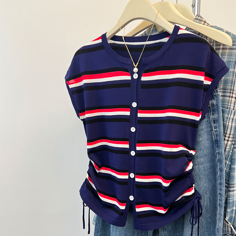 Summer stripe tops drawstring mixed colors T-shirt