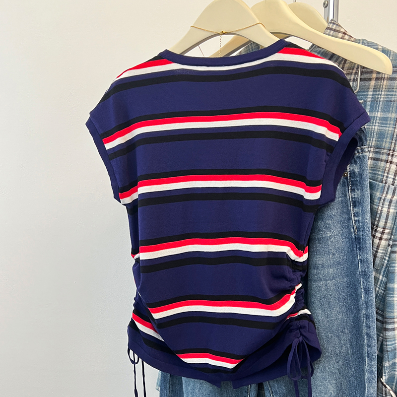 Summer stripe tops drawstring mixed colors T-shirt
