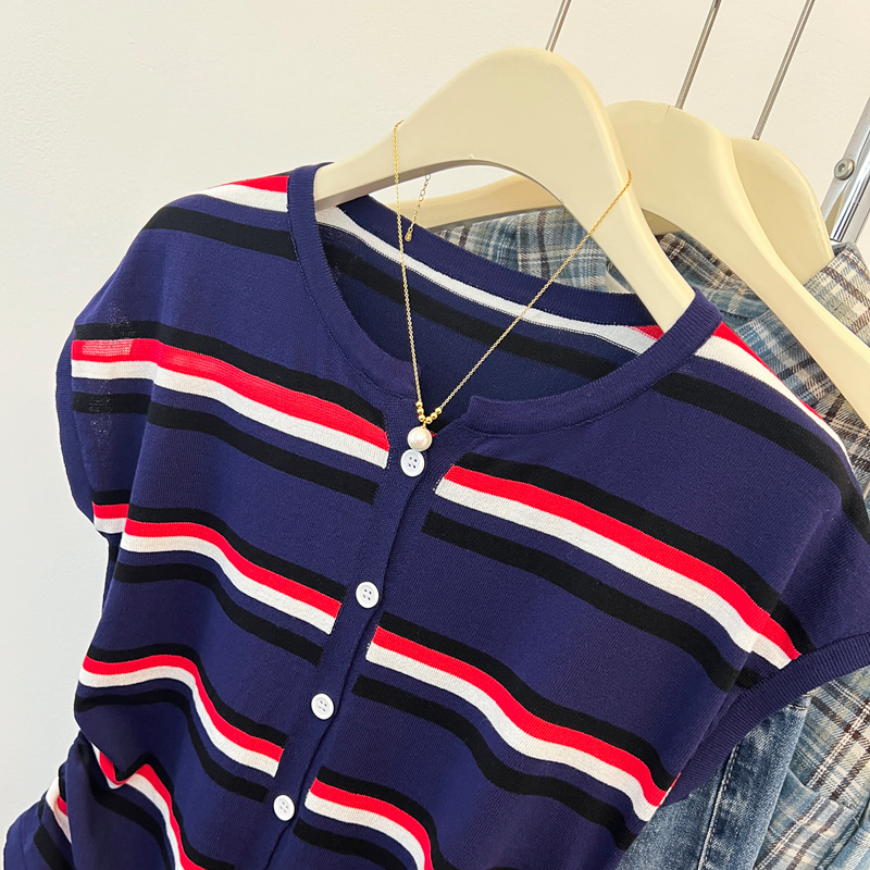 Summer stripe tops drawstring mixed colors T-shirt
