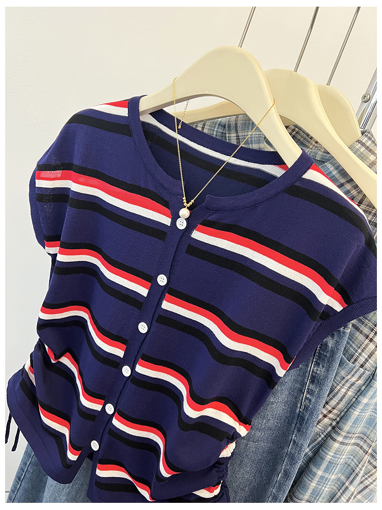 Summer stripe tops drawstring mixed colors T-shirt