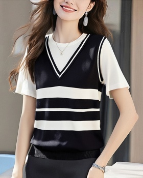 Splice knitted stripe V-neck summer mixed colors T-shirt