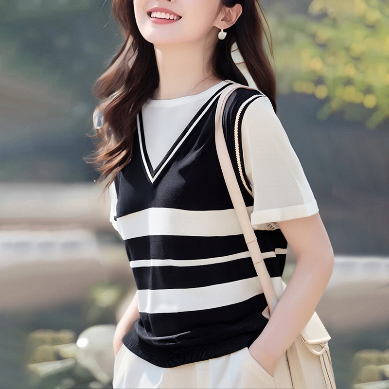 Splice knitted stripe V-neck summer mixed colors T-shirt