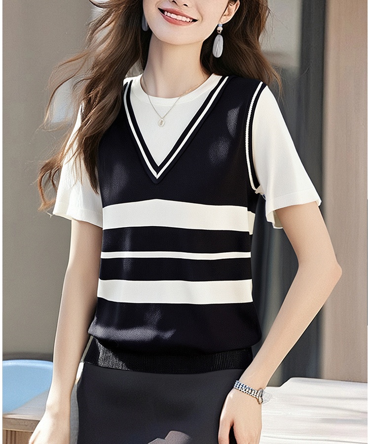 Splice knitted stripe V-neck summer mixed colors T-shirt