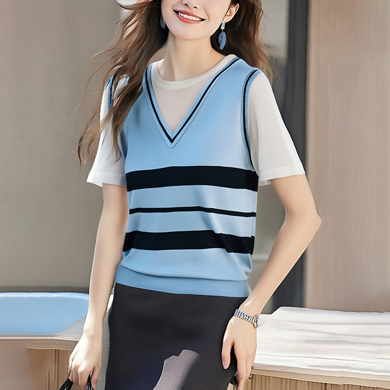 Splice knitted stripe V-neck summer mixed colors T-shirt