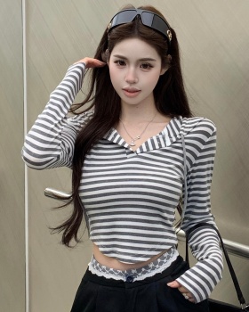 Hooded stripe retro slim tops