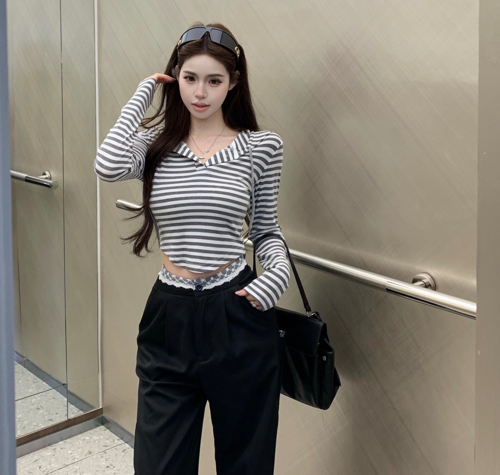Hooded stripe retro slim tops