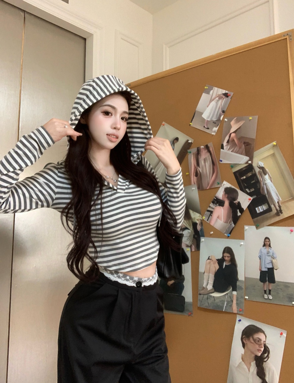 Hooded stripe retro slim tops