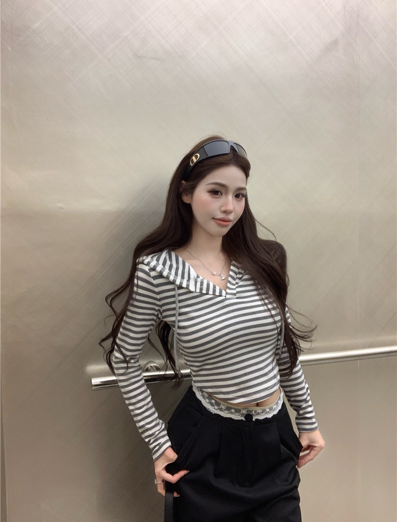 Hooded stripe retro slim tops