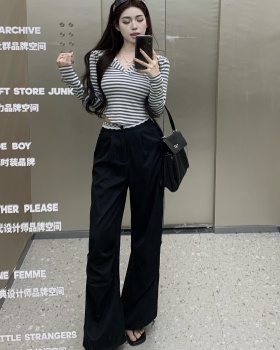 Stripe retro wide leg pants splice tops 2pcs set