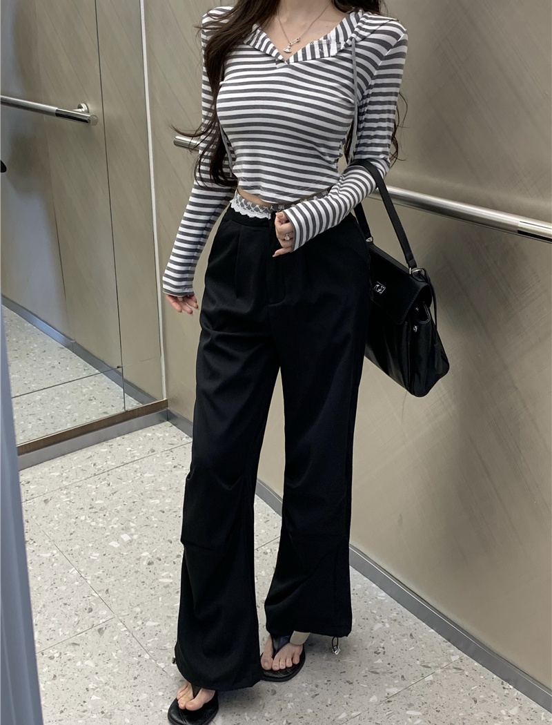 Stripe retro wide leg pants splice tops 2pcs set