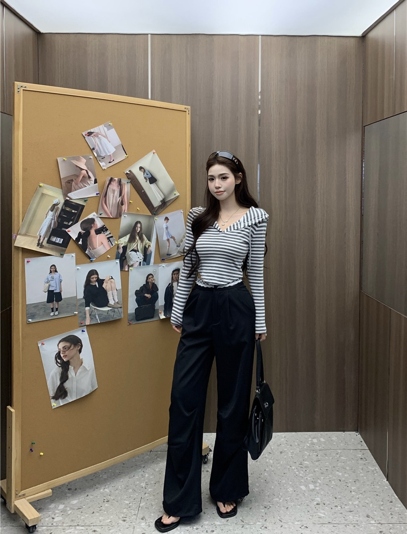 Stripe retro wide leg pants splice tops 2pcs set
