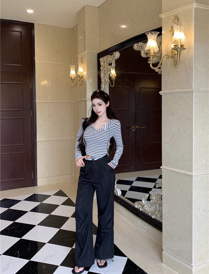 Stripe retro wide leg pants splice tops 2pcs set