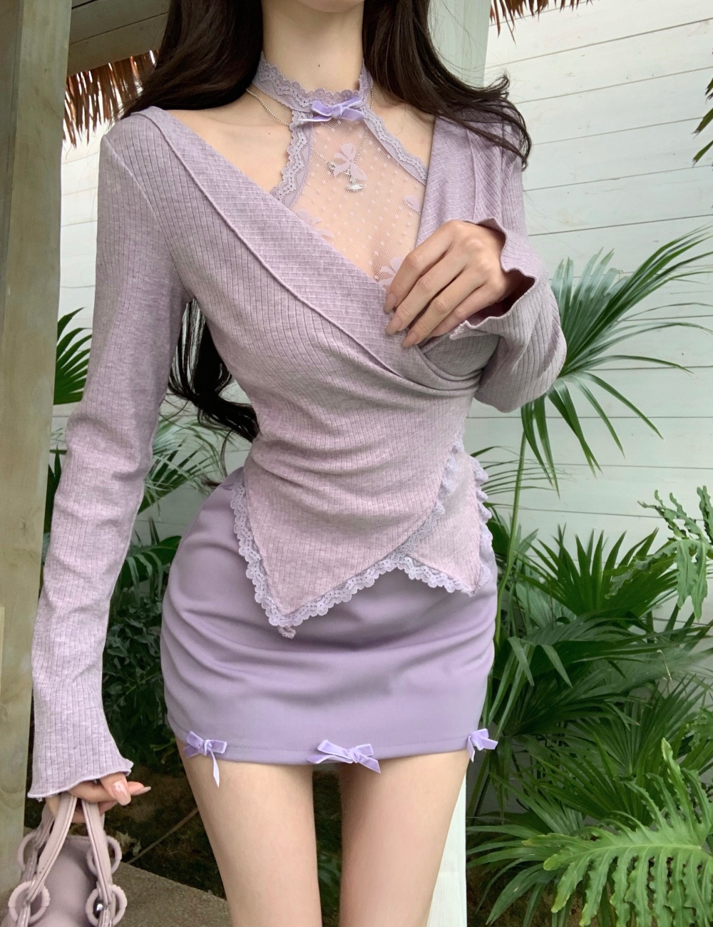 Sweet slim tops enticement short skirt 2pcs set for women