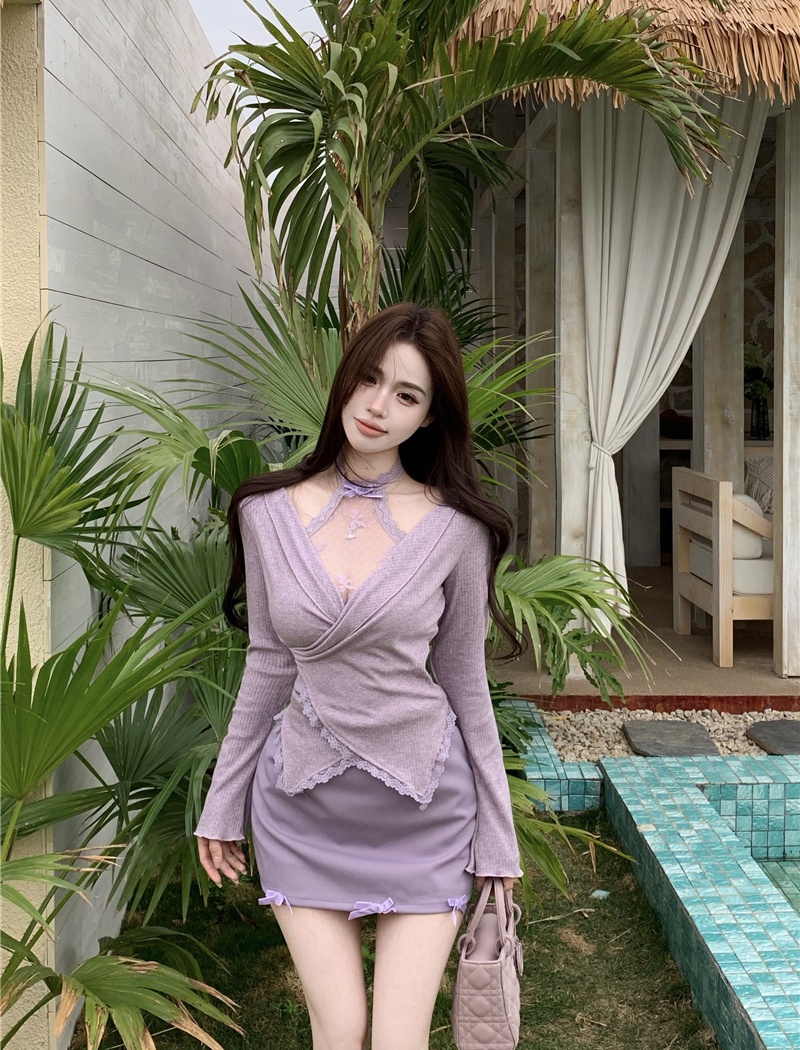 Sweet slim tops enticement short skirt 2pcs set for women