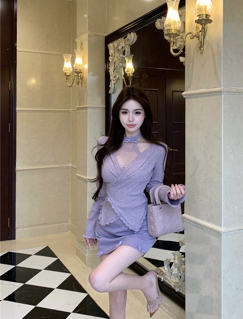 Sweet slim tops enticement short skirt 2pcs set for women