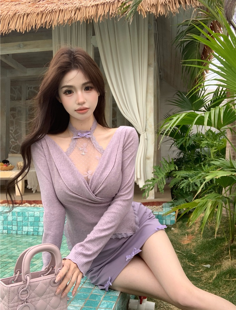 Sweet slim tops enticement short skirt 2pcs set for women