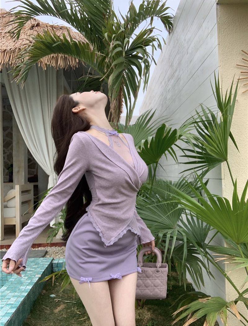 Sweet slim tops enticement short skirt 2pcs set for women