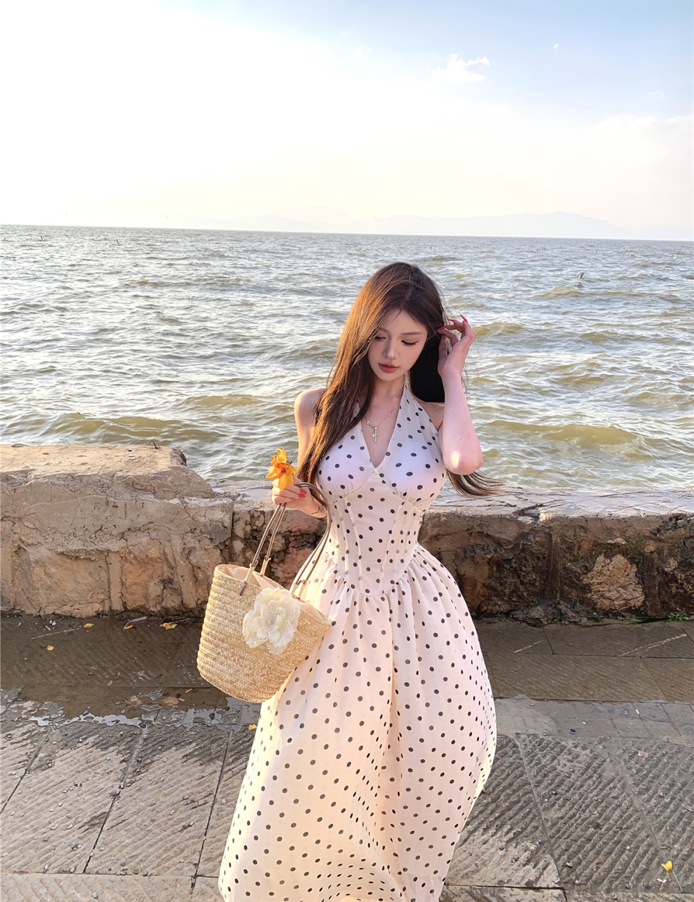 Halter long dress pinched waist dress for women