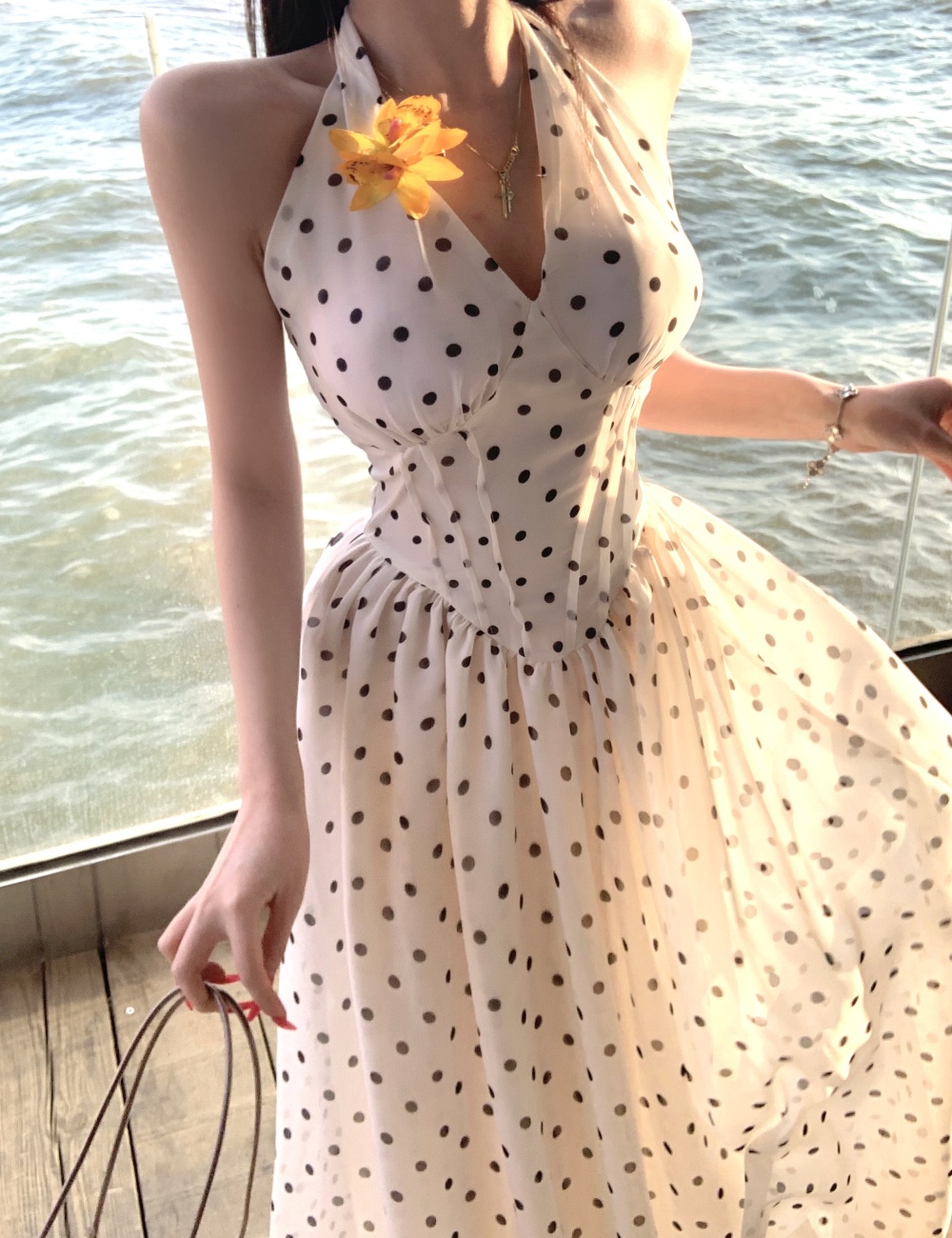 Halter long dress pinched waist dress for women