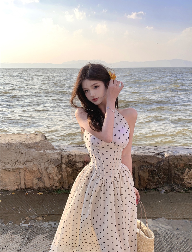 Halter long dress pinched waist dress for women