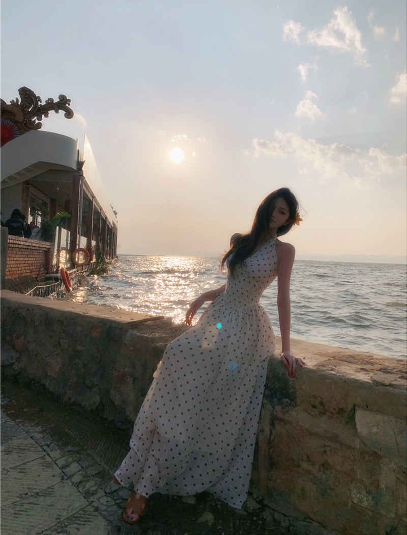 Halter long dress pinched waist dress for women
