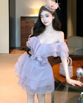 France style flat shoulder pure A-line dress for women