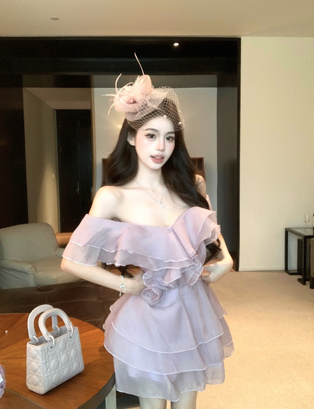 France style flat shoulder pure A-line dress for women