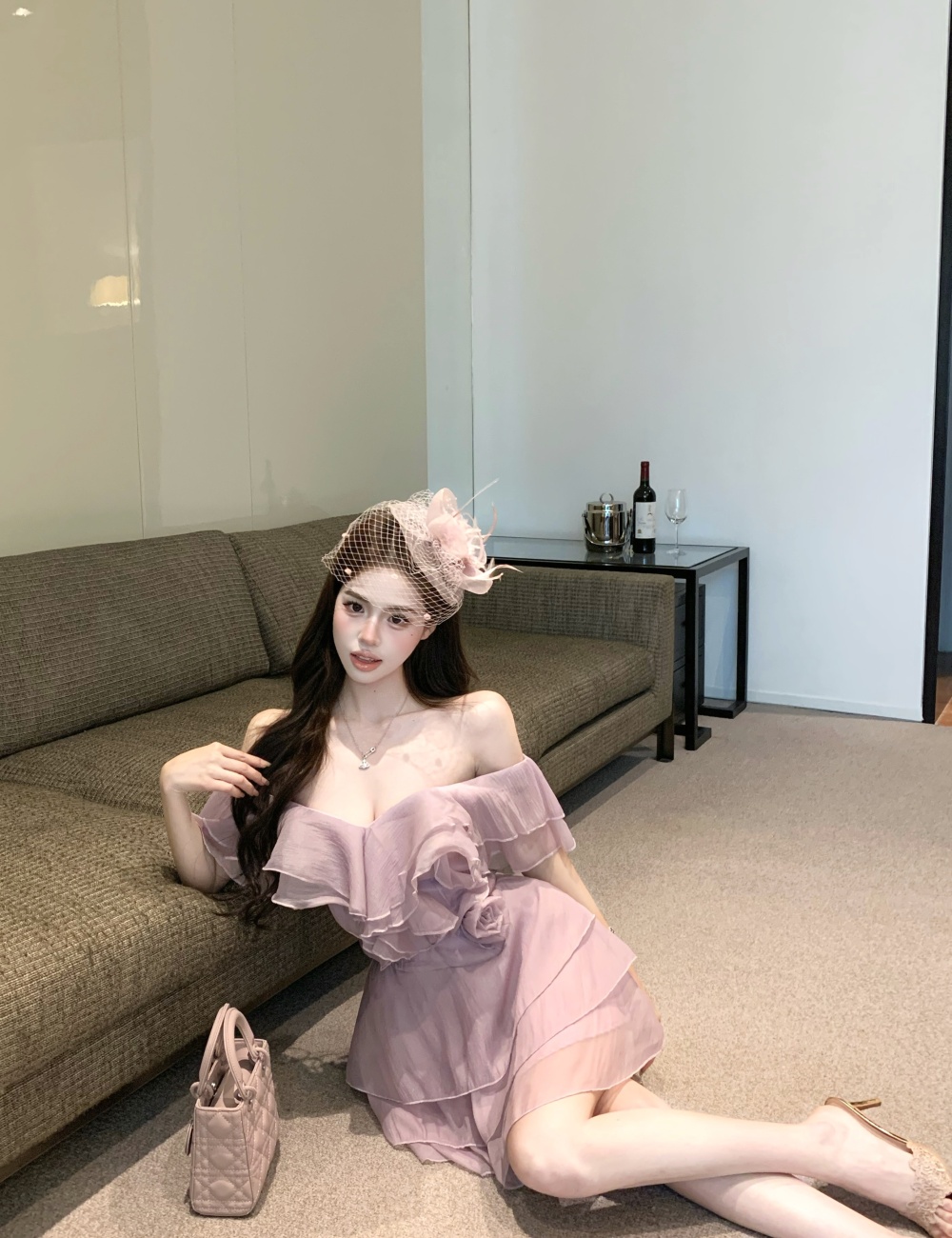 France style flat shoulder pure A-line dress for women