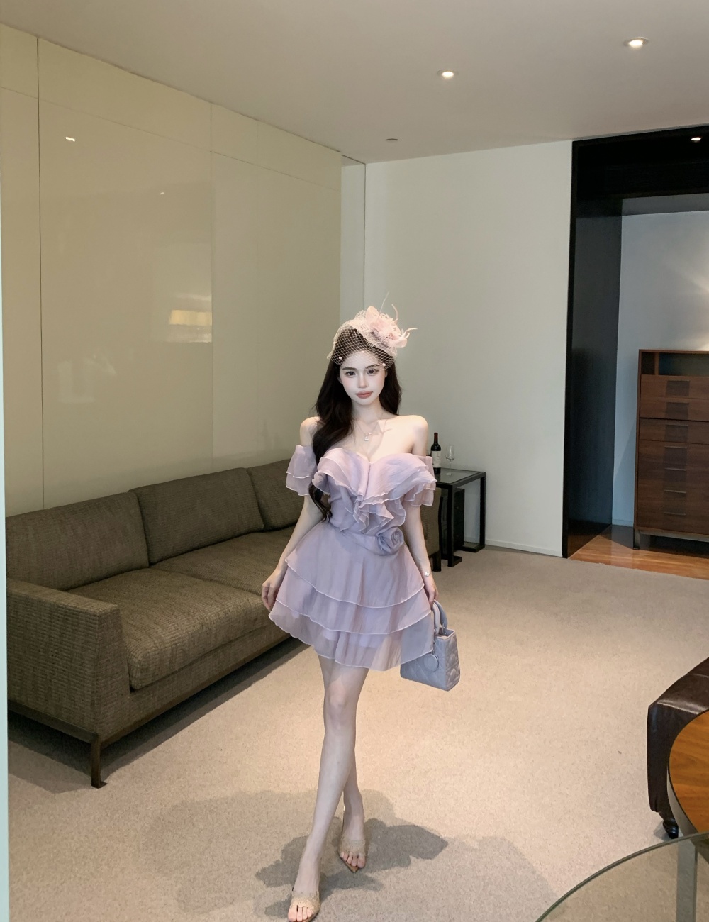 France style flat shoulder pure A-line dress for women