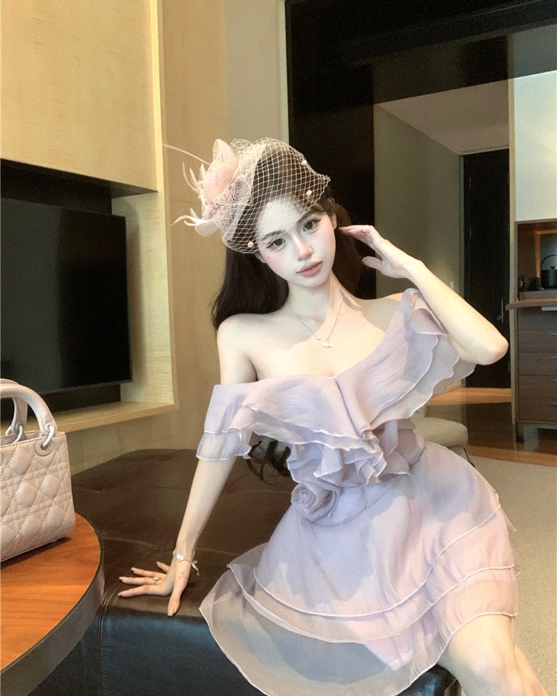 France style flat shoulder pure A-line dress for women