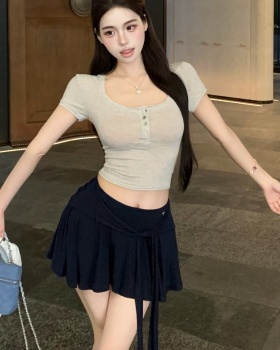 Pinched waist short sleeve tops U-neck culottes 2pcs set